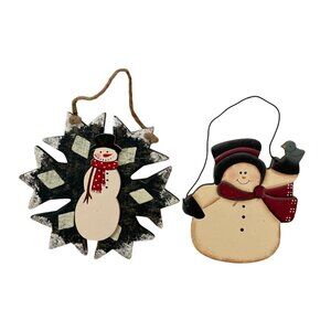 Vintage Snowman Wooden Hanging Ornament Set 2 Rustic Primitive Christmas Decor